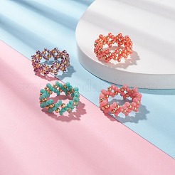 4個4色ガラスシードビーズ編みこみフィンガー指輪セット女性用  レッド  usサイズ8 1/2(18.5mm)&nbsp;RJEW-JR00419