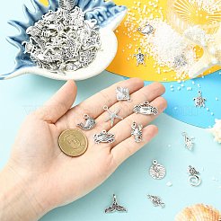 チベット風アロイペンダント15個  魚/ヒトデ/貝殻の形のチャーム  アンティークシルバー  14~30x10~22.5x2.5~7mm  穴：1.6mm&nbsp;FIND-CJC0017-89