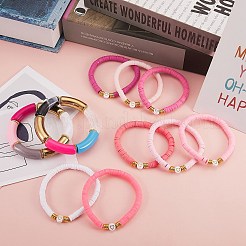 10個10スタイル手作りポリマークレイヘイシビーズストレッチブレスレットハート付き  女性のためのアクリル分厚いカーブチューブブレスレット  ピンク  内径：2-1/8インチ（5.5cm）&nbsp;BJEW-SW00036-02
