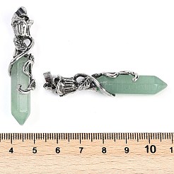 天然グリーンアベンチュリンのファセット加工されたダブルターミナルの尖った大きなペンダント  合金のバラで包まれた六角柱のチャーム  アンティークシルバー  51~53x14x10.5mm  穴：4.5mm&nbsp;G-P547-03AS-08A