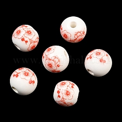 花柄プリントの磁器ビーズ  花柄のセラミックビーズ  ラウンド  レッド  8mm  穴：2mm&nbsp;PORC-Q202-8mm-1