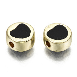 合金エナメルビーズ  カドミウムフリー＆鉛フリー  ハート付きフラットラウンド  ライトゴールド  ブラック  8x4mm  穴：1.5mm&nbsp;LS-X-ENAM-S122-030-RS