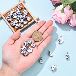 青と白の花柄プリントの磁器製ペンダント 20個  黄金色の鉄のループ  ハート  21mm  穴：3.3mm&nbsp;PALLOY-YW00112-01