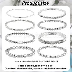 8個 8スタイル クリスタルラインストーン テニスブレスレット  CCB プラスチック ビーズ ストレッチ ブレスレット  女性用真鍮の薄いプレーンバングル  プラチナ  内径：1-7/8~2-3/8インチ（4.8~5.95cm）  1個/スタイル&nbsp;BJEW-AN0001-52