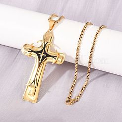 Religion 201 Stainless Steel Black Enamel Cross Pendant 304 Stainless Steel Box Chain Necklaces&nbsp;SA-H003-07G