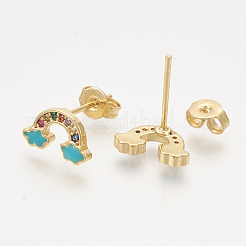 真鍮製キュービックジルコニアスタンドピアス  エナメルとイヤーナッツ  レインボー  ゴールドカラー  ダークターコイズ  6x11mm  ピン：0.7mm&nbsp;EJEW-S201-169D