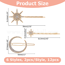 12個 6スタイル アイアンラインストーンヘアクリップ  プラチナ＆ライトゴールド  56~70x15.5~37.5mm  2個/スタイル&nbsp;PHAR-HS0001-02
