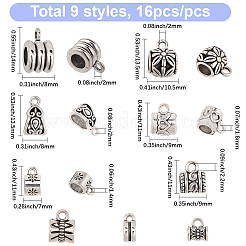 チベットスタイルの亜鉛合金チューブベイル144個、9スタイル  ループベイル  スカーフ保釈ビーズ  カドミウムフリー＆鉛フリー  アンティークシルバー  9.5~13.5x7~9x7~9.5mm  穴：1.4~2mm&nbsp;FIND-SC0021-40