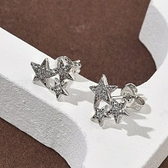 Star Brass Micro Pave Clear Cubic Zirconia Stud Earrings&nbsp;EJEW-F383-06P