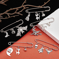 8Pcs 8 Style Halloween Pumpkin & Skull & Witch & Cat Zinc Alloy Charms Safety Pin Brooches Set&nbsp;JEWB-FH0001-30