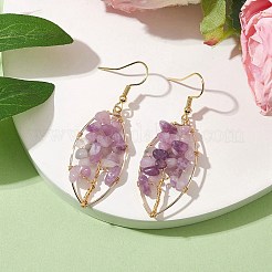 Natural Lepidolite/Purple Mica Stone Chips Tree of Life Dangle Earrings&nbsp;EJEW-JE05730-03