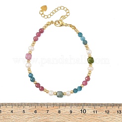 Natural Mixed Gemstone Faceted Round and Cube Beaded Bracelets with Natural Pearl & Brass End Chains&nbsp;BJEW-JB14336-03