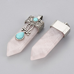 天然石ローズクォーツペンダント  合金パーツ  剣  アンティークシルバー  49~55x16x10~11mm  穴：6.5x3mm&nbsp;X-G-S292-05E