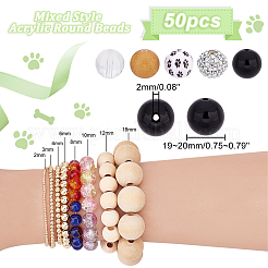 ミックススタイルのアクリルラウンドビーズセット1セット  ブラック  19~20mm  穴：2mm  約50個/袋&nbsp;SACR-PH0001-52D