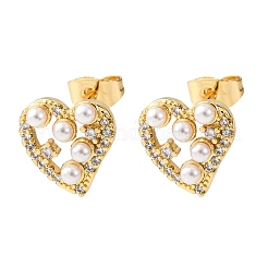 Brass Micro Pave Clear Cubic Zirconia Heart Stud Earrings&nbsp;EJEW-K267-39G
