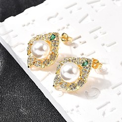 リーフブラスマイクロパヴェキュービックジルコニアスタッドピアス  プラスチック模造パールと  ラックめっき  カドミウムフリー＆鉛フリー  ゴールドカラー  20.5x15mm&nbsp;EJEW-C154-01G