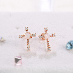ローズゴールド本金メッキ  真鍮製スタンドピアス  鉛フリー＆カドミウムフリー  グレードaaaaaキュービックジルコニア＆レジン模造オパール  クロス  透明  14x10mm&nbsp;EJEW-AA00270-18RG