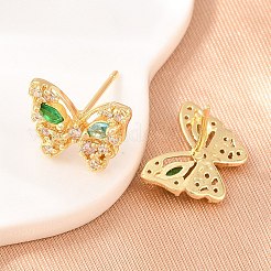 真鍮製 マイクロパヴェ キュービックジルコニア スタッドピアス 女性用  蝶  カドミウムフリー＆鉛フリー  長持ちメッキ  ラックめっき  18KGP本金メッキ  グリーン  10.5x13mm&nbsp;KK-A305-09G-05