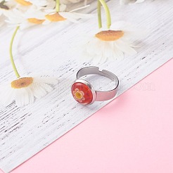 調節可能な手作りのミルフィオリガラスの指輪  304ステンレススチール製金具付き  花  ミックスカラー  リング面：12mm  usサイズ6 3/4(17.1mm)&nbsp;RJEW-JR00322