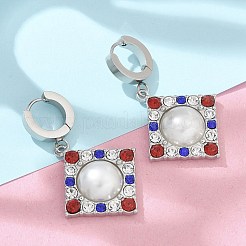 304ステンレススチールの菱形フープピアス  女性用ラインストーンとプラスチック模造真珠付き  ステンレス鋼色  44x26mm&nbsp;EJEW-A119-11P