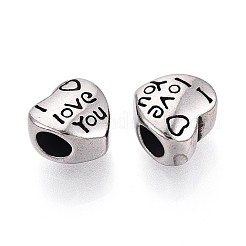 304ステンレス鋼のヨーロッパスタイルの大きな穴のビーズ  言葉i love youとハート  アンティークシルバー  11x11~11.5x8~8.5mm  穴：4.5~5mm&nbsp;STAS-T072-106AS