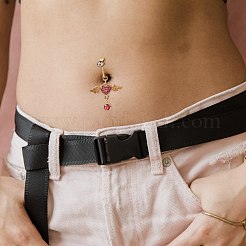 翼のあるハートラインストーンチャームへそピアス  へそピアスのクリップ  女性のための非ピアスジュエリー  ゴールドカラー  ライトアメジスト  43mm&nbsp;AJEW-F057-17G