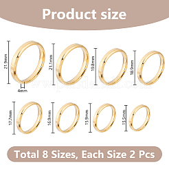 16個8スタイルのステンレススチール製シンプルプレーンバンドリング、ユニセックス  ゴールドカラー  4mm  内径：15.5~21.9mm&nbsp;RJEW-DC0001-19G
