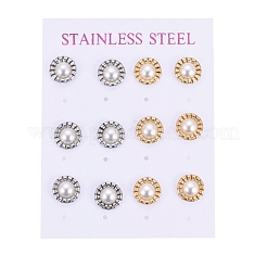 304ステンレススチールスタッドピアス  白いアクリルビーズとピアスキャッチ  フラットラウンド  ミックスカラー  9.5x3.5mm  ピン：0.7mm  6のペア/カード&nbsp;EJEW-I236-04