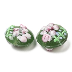 手作り凹凸柄ランプワークビーズ連売り  花付きフラットラウンド  黄緑  17~20.5x10~14mm  穴：1.4mm&nbsp;LAMP-K027-06I