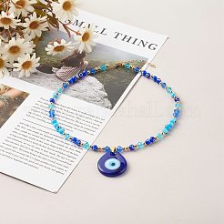 ビーズのネックレス  ナザールボンジュウランプワークビーズ＆ガラスビーズ付き  真鍮製チェーン＆ビーズ  304ステンレス鋼の金具  ブルー  16.14インチ（41cm）&nbsp;NJEW-JN03537-03