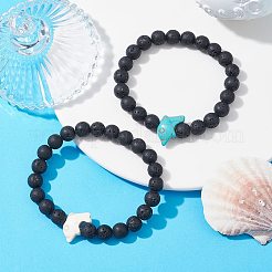 2Pcs 2 Color Synthetic Turquoise Dolphin & Lava Rock Stretch Bracelets Set&nbsp;BJEW-JB09838