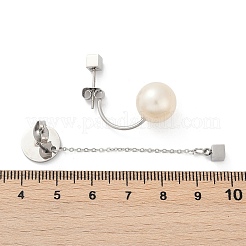 304ステンレススチールプラスチック模造真珠スタッドピアス  左右  ラウンド＆キューブ  ステンレス鋼色  27.5x11.5mm&nbsp;EJEW-Z089-19P