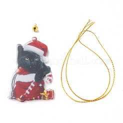 クリスマス猫の形のアクリルペンダント装飾  ナイロンロープと鉄のベル付き  車のバックミラー吊り飾り用  バッグ  79.5x48.5x4mm  穴：2.5mm&nbsp;HJEW-E007-01G-01