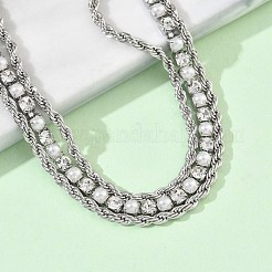 304ステンレススチールとラインストーンのロープチェーン二重ブレスレット（女性用）  フラットラウンド  ラインストーンとプラスチック製の模造真珠ビーズ付き  ステンレス鋼色  7.01インチ（17.8cm）&nbsp;BJEW-F540-07P