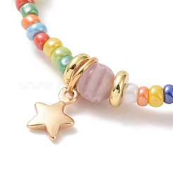 Seed & Millefiori Glass Beaded Stretch Bracelet with Brass Star Charms for Women&nbsp;BJEW-JB09355