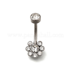 304ステンレススチール製クリアキュービックジルコニアカーブバーベルへそリング  ステンレス鋼色  花  21.5mm  ピン：1.6mm  ヘッド：4.5x5mm&nbsp;AJEW-D306-03P-06