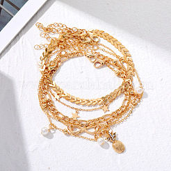 合金＆模造真珠ラウンドスターパイナップルチャーム5層アンクレット女性用  ホワイト  ゴールドカラー  7-1/8~7-7/8インチ（180~200mm）  5個/セット&nbsp;FS-WG8DB57-01
