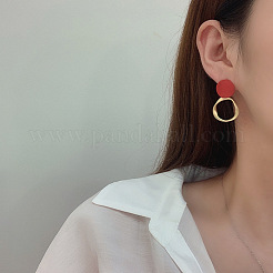 合金スタンドピアス  リング付きのフラットラウンド  マットゴールドカラー  暗赤色  32x20mm&nbsp;FS-WG3C9D1-02