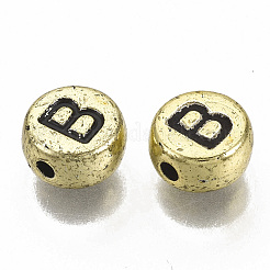 メッキアクリルビーズ  水平穴  アルファベット付きフラットラウンド  黄金メッキ  ブラック  文字.b  7x4mm  穴：1.2mm&nbsp;LS-X-PACR-CD0001-B