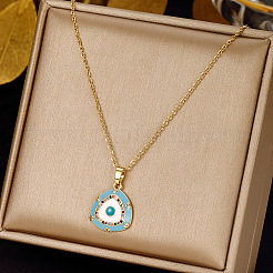 Brass Micro Pave Colorful Cubic Zirconia Enamel Evil Eye Triangle Pendant 304 Stainless Steel Cable Chain Necklaces for Women&nbsp;WG15CC8-01