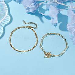 2個2スタイルの真鍮ツイストチェーンブレスレットとペーパークリップチェーンブレスレット、女性と男性用  304ステンレススチール留め具付き  ゴールドカラー  7-1/2インチ（19~19.2cm）  1個/スタイル&nbsp;BJEW-JB10593