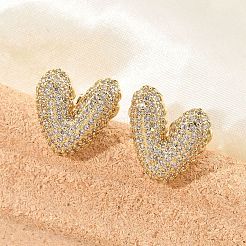 女性用真鍮マイクロパヴェクリアキュービックジルコニアスタッドピアス  ハート  18KGP本金メッキ  16.5x16.5mm&nbsp;LS-EJEW-F352-06G