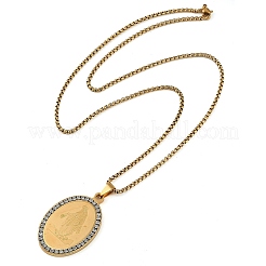 201 Stainless Steel Crystal Rhinestone Religion Virgin Mary Oval Pendant Box Chain Necklaces&nbsp;NJEW-D089-04G