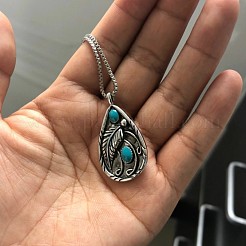 Alloy Resin Imitation Turquoise Teardrop with Feather Pendant Necklaces&nbsp;WG61DB0-01
