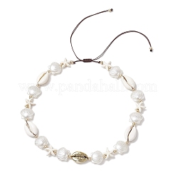 Summer Synthetic Turquoise Starfish & Natural Cowrie Shell & White Imitation Pearl Adjustable Beaded Necklaces&nbsp;NJEW-JN05270-01