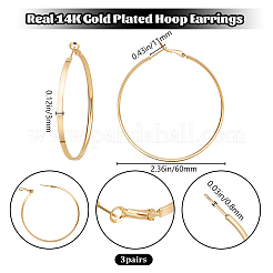 女性用真鍮フープピアス3組  リング  14KGP本金メッキ  60x3mm&nbsp;EJEW-BBC0001-66G-04