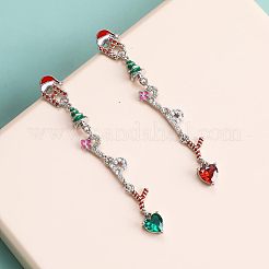 クリスマスツリーとハッピーワードの合金エナメルダングルスタッドピアス  ラインストーン付き  プラチナ  55x15mm&nbsp;FS-WG84419-02
