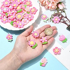 100個20スタイル不透明樹脂ペンダント  プラチナトーンのアイアンループ付き  花  ショッキングピンク  26~32x20~24.5x6~7.5mm  穴：2mm  5個/スタイル&nbsp;RESI-CJ0004-44