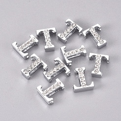 合金スライドチャーム  クリスタルラインストーン付き  文字L  プラチナ  文字.t  T：11.5x10x4.5mm  穴：2x8mm&nbsp;PALLOY-WH0066-21T-A