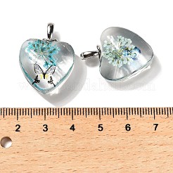 クリアガラスペンダント  内部のドライフラワーと  ハート  ミックスカラー  27x20.5x10.5mm  穴：4.5x2.5mm&nbsp;GLAA-M048-04